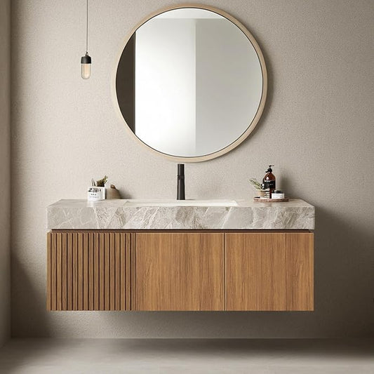 Ambrovina 48" Floating Bathroom Vanity with Sink, Modern Plywood Bathroom Storage Cabinet with Drawer and 2 Doors, Light Gray Sintered Stone Countertop and White Ceramic Basin, Pre-assembled, Dark Oak