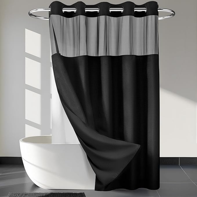 RiverDream Heavyweight Waffle No Hook Shower Curtain with Liner,Black,71x80 | Dotted Waffle,Snap-in Liner,Heavy Duty,Quick Dry,Mesh Top Window,With Bottom Magnets,Hotel-Grade,Washable,Long Size