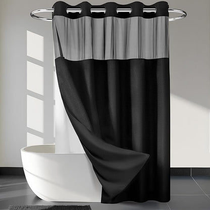 RiverDream Heavyweight Waffle No Hook Shower Curtain with Liner,Black,71x80 | Dotted Waffle,Snap-in Liner,Heavy Duty,Quick Dry,Mesh Top Window,With Bottom Magnets,Hotel-Grade,Washable,Long Size