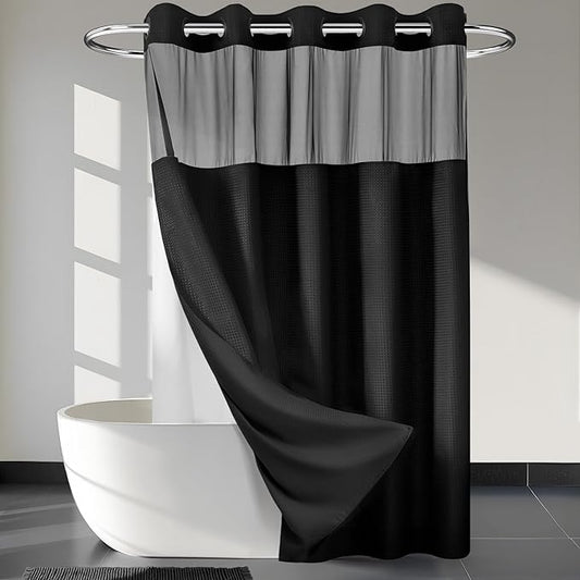 RiverDream Heavyweight Waffle No Hook Shower Curtain with Liner,Black,71x80 | Dotted Waffle,Snap-in Liner,Heavy Duty,Quick Dry,Mesh Top Window,With Bottom Magnets,Hotel-Grade,Washable,Long Size