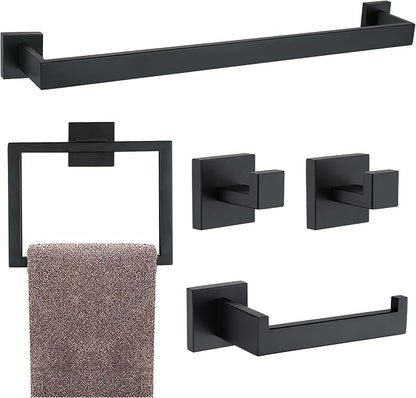 5 Pieces Bathroom Hardware Accessories Set Matte Black, 16Inch Square Towel Racks Set for Bathroom, SUS304 Stainless Steel Towel Bar Set, Bath Accessories Sets Wall Mounted