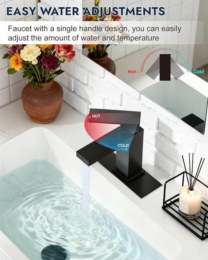 Midanya Bathroom Faucets 1 Hole, Single Handle Stainless Steel Bathroom Sink Faucet, Modern Vanity Faucets with Deck Plate,Water Supply Hoses and Pop Up Drain,Matte Black