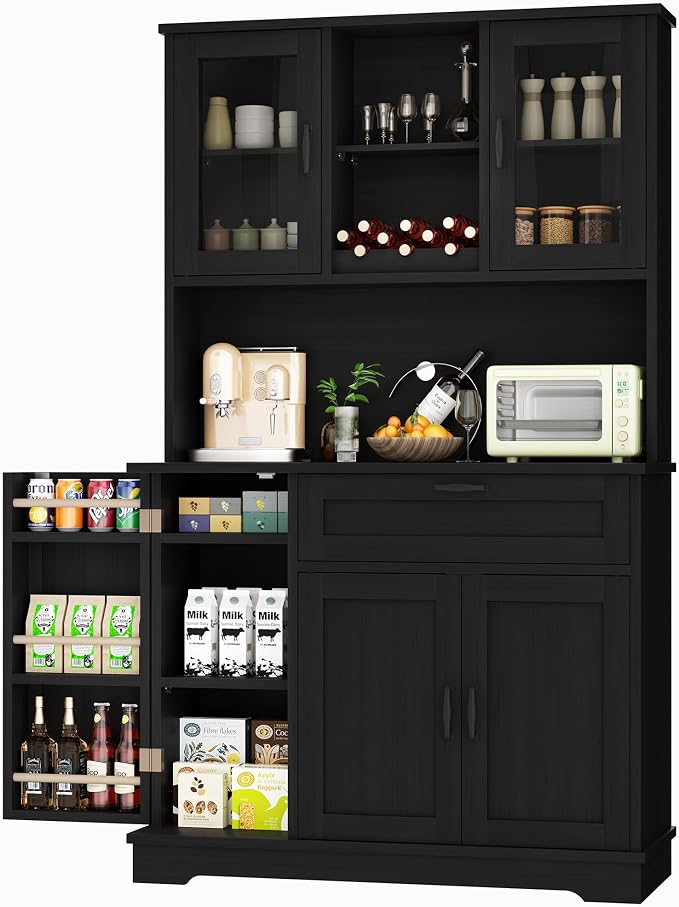 Shintenchi 68" Kitchen Pantry Storage Cabinet, with Microwave Stand, Black | Freestanding Buffet Cabinet, with 3 Door Shelves, Kitchen Hutch with Doors, Adjustable Shelves and Wine Rack