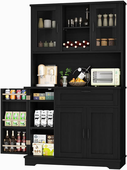 Shintenchi 68" Kitchen Pantry Storage Cabinet, with Microwave Stand, Black | Freestanding Buffet Cabinet, with 3 Door Shelves, Kitchen Hutch with Doors, Adjustable Shelves and Wine Rack