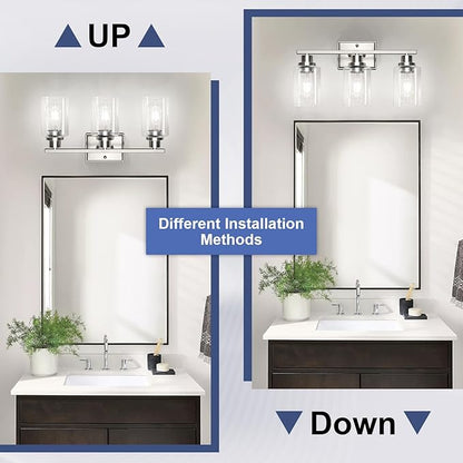 Unicozin 3 Light Bathroom Light Fixtures, Modern Vanity Lights Over Mirror, Brushed Nickel Wall Lamp with Clear Glass for Living Room Cabinet Bedroom Porch