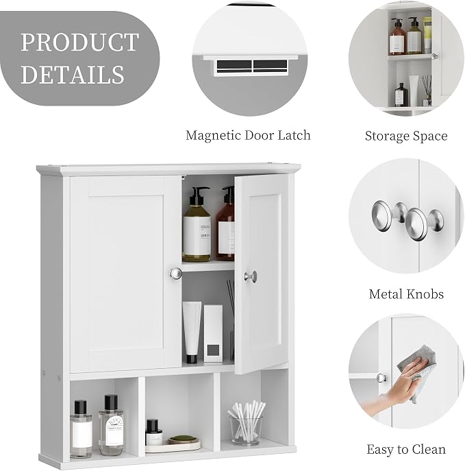 Shintenchi Bathroom Medicine Cabinet, Wall Mounted, Adjustable Shelf, White | Over The Toilet Cupboard, Open & Concealed Storage, 2 Magnet Doors, Space-Saving, Easy to Clean
