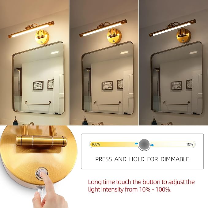 MantoLite LED Bathroom Vanity Light Fixture Dimmable 8W 16inch Gold Pulg in Display Lamps Picture Wall Lights, Indoor Lightings Wall Sconce Ajustable Bedside Reading Lamp, Brass 3000K/4500K/6000K