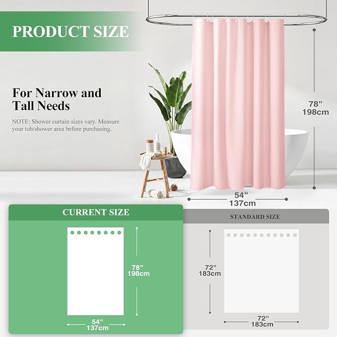 Stall Waffle Shower Curtain 256 GSM Heavy Fabric 54x78 Pink | 54 x 78 Inch Long, Thick Cloth, Weighted Hem, Water Repellent, Hotel Luxury Polyester Shower Curtains for Bathroom 10 Hooks