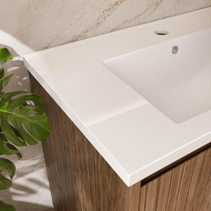 30 Inch Floating Bathroom Vanity with Ceramic Sink, Modern Striped Wall Mount Vanity Cabinet with Compartmentalized Storage Drawer, Walnut