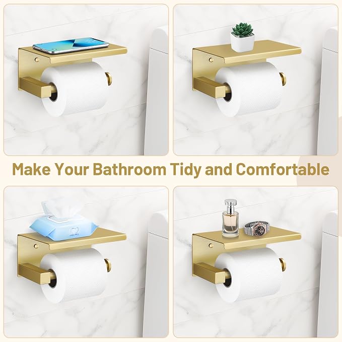TURS 5-Pieces Brushed Gold Bathroom Hardware Set 23.6 Inch SUS304 Stainless Steel Towel Bar Set Wall Mounted Square Toilet Paper Holder with Shelf