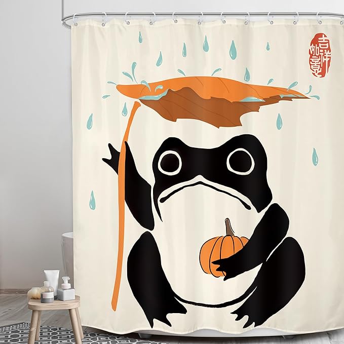 LGhtyro Funny Frog Shower Curtain Bathroom Set 60Wx71H Inches Pumpkin Asian Traditional Art Japanese Cute Animal Taking Maple Leaves Rain Bath Accessories Lovely Art Home Decor Fabric 12 Pack Hooks