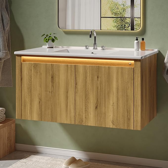 ONBRILL Modern Bathroom Vanity with Sink, Floating Bathroom Vanities with Auto Motion Sensor LED Light, 3 Hole Integrated Ceramic Basin & Soft Closing Doors for Small Space, Hotel (36",Nature)