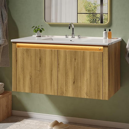 ONBRILL Modern Bathroom Vanity with Sink, Floating Bathroom Vanities with Auto Motion Sensor LED Light, 3 Hole Integrated Ceramic Basin & Soft Closing Doors for Small Space, Hotel (36",Nature)