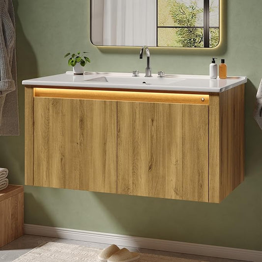 ONBRILL Modern Bathroom Vanity with Sink, Floating Bathroom Vanities with Auto Motion Sensor LED Light, 3 Hole Integrated Ceramic Basin & Soft Closing Doors for Small Space, Hotel (36",Nature)