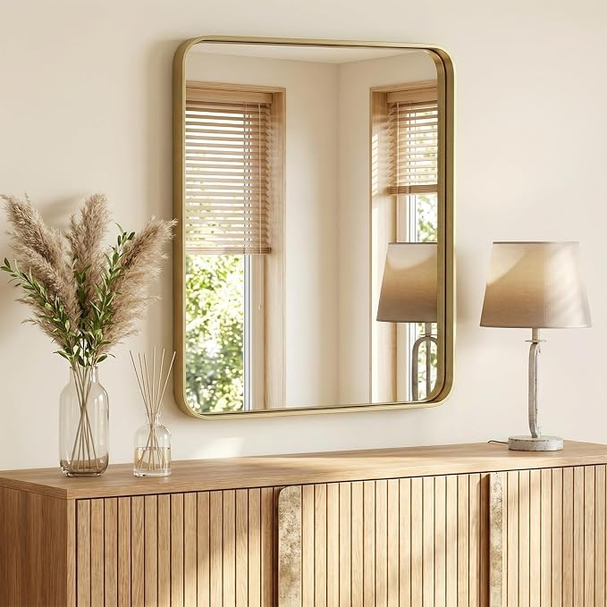 Sweetcrispy Bathroom Wall Mirror, 36x30 Inch Mirror for Over Sink, Gold | Modern Wall Mount Vanity Mirror, Rounded Rectangle with Matte Brush Metal Framed, for Home Decor, Living Room, Bedroom