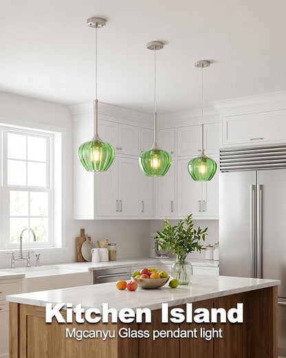 Green Pendant Lights Kitchen Island, 7.7" Vintage Glass Pendant Lighting with Brushed Nickel Adjustable Hanging Light Fixtures for Kitchen, Dining Room, Sink, Bathroom