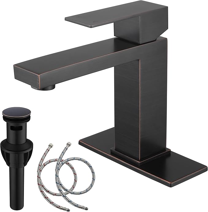 Oil Rubbed Bronze Bathroom Faucet 1 Hole, Stainless Steel Single Hole Bathroom Sink Faucet with Pop Up Drain, Bronze Lavatory Sink Faucet AML-1141-ORB
