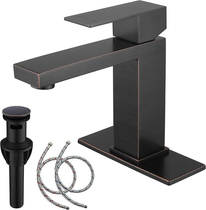 Oil Rubbed Bronze Bathroom Faucet 1 Hole, Stainless Steel Single Hole Bathroom Sink Faucet with Pop Up Drain, Bronze Lavatory Sink Faucet AML-1141-ORB