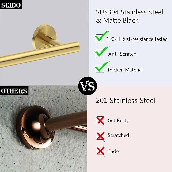 SEIDO 12 Inch Towel Bar for Bathroom Wall, 304 Stainless Steel Brushed Gold Hand Towel Holder, 9.6" Usable Length, Rustproof Anti-Rotation Towel Rack, Wall Mounted Towel Rod for Lavatory, Kitchen, RV