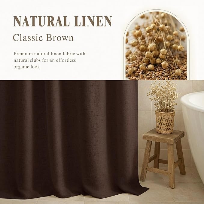 Linen Shower Curtain Brown, Fabric Boho Farmhouse Shower Curtains for Bathroom Cotton Natural Cloth Liner Set 72" W x 72" L