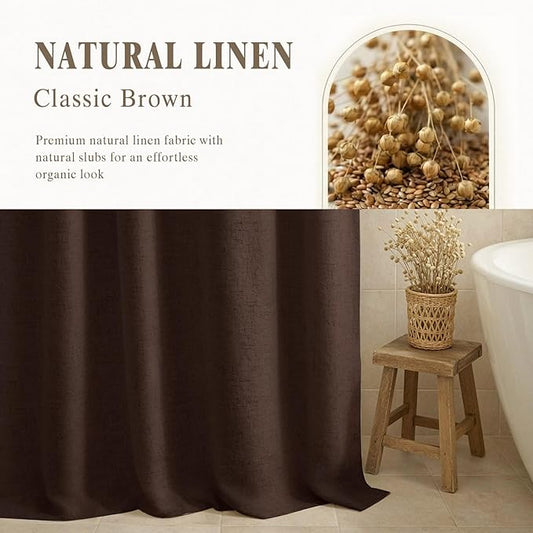 Linen Shower Curtain Brown, Fabric Boho Farmhouse Shower Curtains for Bathroom Cotton Natural Cloth Liner Set 72" W x 72" L