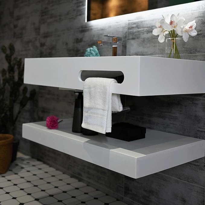 36"x19" Wall Mount Bathroom Vanity with Sink Stone Resin Floating Vanity Sink Rectangular Vessel Sinks for Bathroom White Trough with Shelf Layer (Mirror Not Included)
