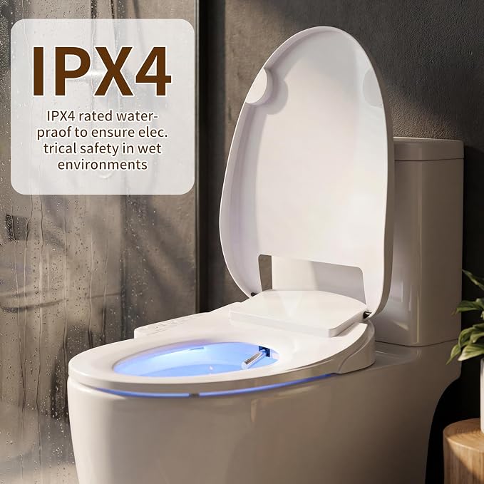 Bidet Toilet Seat with Side Controls, Instant Warm Water, Heated Seat, Warm Air Dryer, Self-Cleaning Stainless Steel Nozzles, Night Light, Soft Closed Lid, Requires Electricity, Elongated
