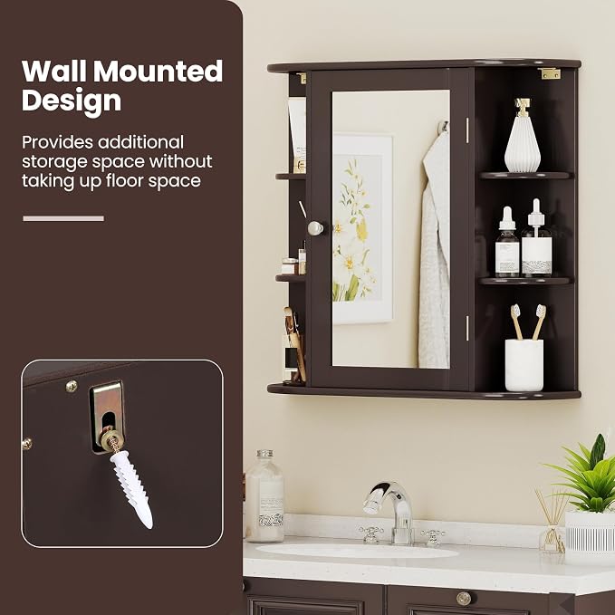 GIANTEX Bathroom Medicine Cabinet (Brown) | Wall Mounted Medicine Cabinet with Mirrored Door & 4 Interior Shelves, 6 Open Shelves, Space-saving Storage Cabinet