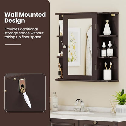 GIANTEX Bathroom Medicine Cabinet (Brown) | Wall Mounted Medicine Cabinet with Mirrored Door & 4 Interior Shelves, 6 Open Shelves, Space-saving Storage Cabinet