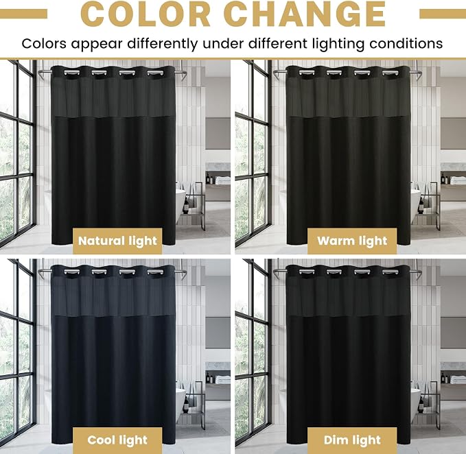 WONICY Stall No Hook Shower Curtain with Liner, Black, 54 x 80 Inch | Ringless, Waterproof & Washable, Hotel Style, Mesh Top Window, Bottom Magnets, Thick, Farmhouse, for Bathroom