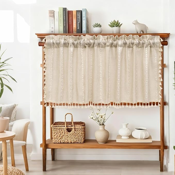 Seenus Boho Farmhouse Linen Valance Curtain, 52x18 inch Soft Light Filtering & Privacy Window Valance with Tassels for Living Room Kitchen Bathroom, Rod Pocket, Beige Cream
