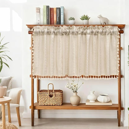 Seenus Boho Farmhouse Linen Valance Curtain, 52x18 inch Soft Light Filtering & Privacy Window Valance with Tassels for Living Room Kitchen Bathroom, Rod Pocket, Beige Cream