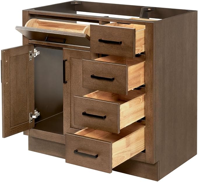 ARIEL Hepburn 36-inch Bathroom Vanity Base Cabinet,Solid Wood, 2 Soft Closing Doors, 5 Dovetail Drawers, Brown Oak