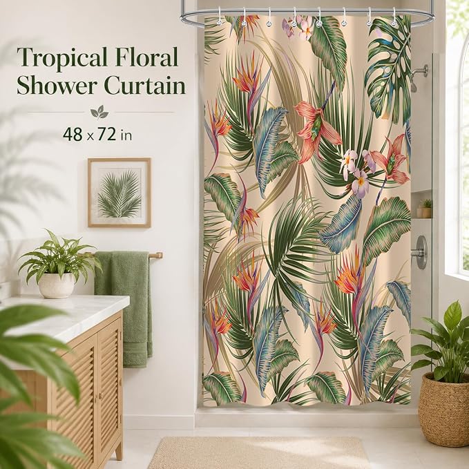 Tropical Shower Curtain, Colourful Leaves Floral Palm Leaf Hawaiian Botanical Plant Bathroom Decor, Waterproof Cloth Fabric Bath Curtain with Hooks 48 x 72 inch