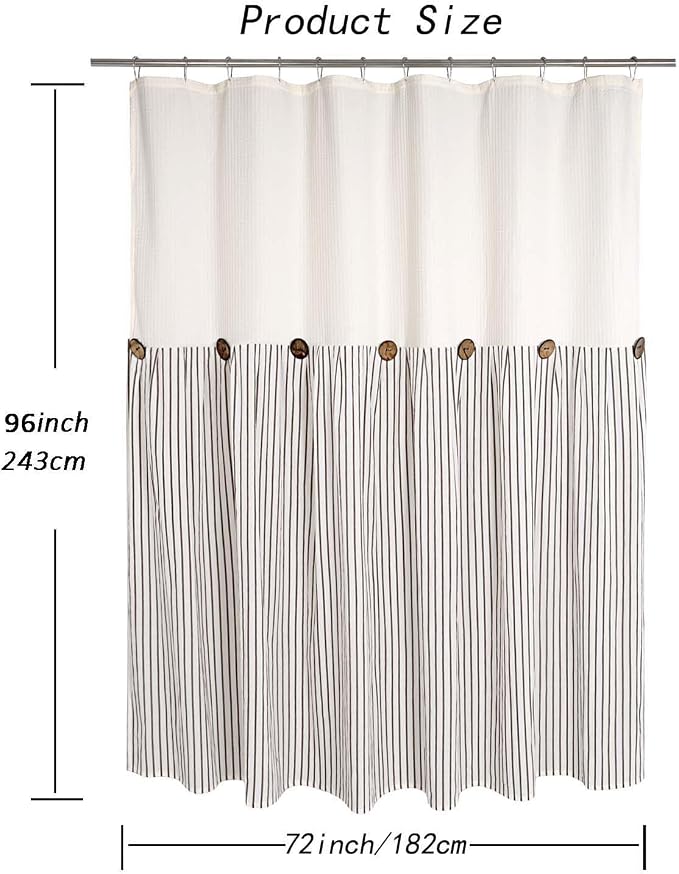 DOSLY IDÉES Farmhouse Shower Curtain, Beige and Brown Striped, Button Curtain, Spa Waffle and Cotton Woven Fabric, Rustic Charm Country Chic Style, 72x96 in