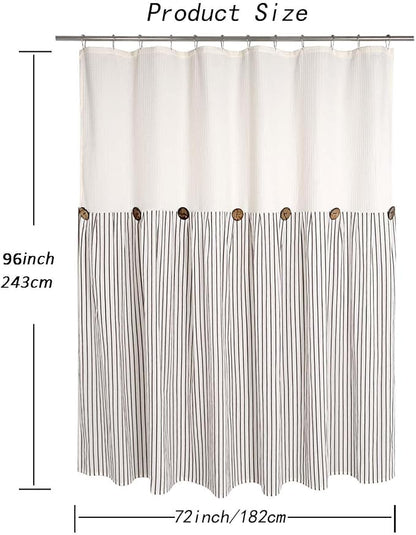 DOSLY IDÉES Farmhouse Shower Curtain, Beige and Brown Striped, Button Curtain, Spa Waffle and Cotton Woven Fabric, Rustic Charm Country Chic Style, 72x96 in