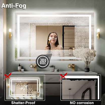 EchosLife 57"x36" Light Mirror for Bathroom | Backlit + Front Lit, Anti-Fog, Stepless Dimmable, 3 Colors, Memory, Tempered Glass, UL Listed, Horizontal/Vertical
