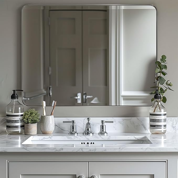 30"x48"Chrome Bathroom Mirror, Large Wall Mirror for Bathroom, Rounded Rectangle Mirror in Premium Stainless Steel Metal Frame Hangs Horizontal Or Vertical