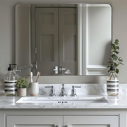 30"x48"Chrome Bathroom Mirror, Large Wall Mirror for Bathroom, Rounded Rectangle Mirror in Premium Stainless Steel Metal Frame Hangs Horizontal Or Vertical
