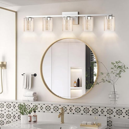 LED Modern Bathroom Light Fixtures Over Mirror, 5-Light Brushed Nickel Vanity Lights with 5 Color Modes, Dimmable Bathroom Vanity Light with Crystal Bubble Glass, 2700K-6500K Adjustable, ETL