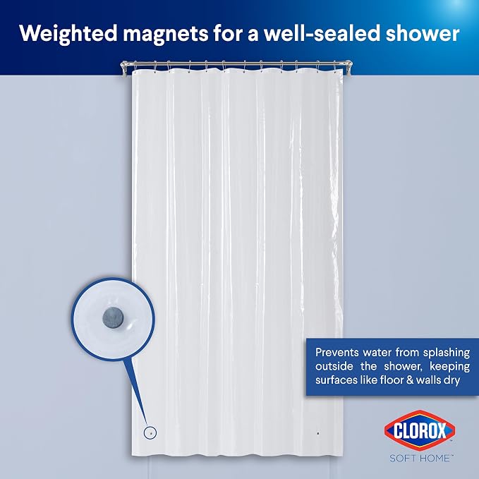 Clorox Shower Curtain Liner, Premium Medium-Weight Durable Waterproof 6g PEVA for Bathroom with Weighted Magnets, Extra Long 72" x 96", Clear 1 Pack