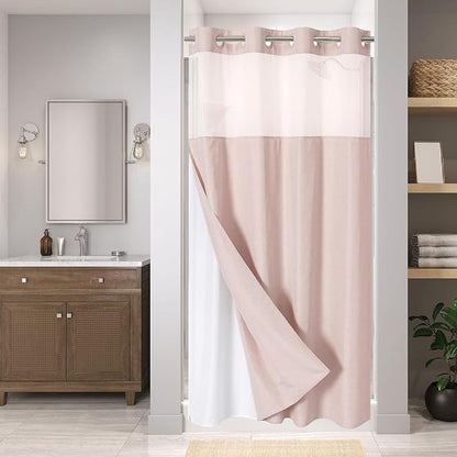 eachope No Hook Linen Texture Shower Curtain with Snap-in Liner,54x74 Blush | 230GSM Thick Fabric,Hotel Luxury Decor,Mesh Top Window,Waterproof & Machine Washable,for Shower Stall or Bathroom