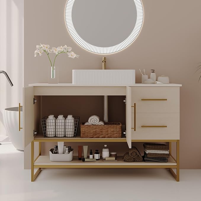 48" Bathroom Vanity with Sink, Modern Free-Standing Bathroom Vanity Cabinet with Ceramic Sink&1 Cabinet&2 Drawers&1 Open Shelf, Single Sink Wood Bathroom Vanities Set,White Oak