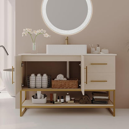 48" Bathroom Vanity with Sink, Modern Free-Standing Bathroom Vanity Cabinet with Ceramic Sink&1 Cabinet&2 Drawers&1 Open Shelf, Single Sink Wood Bathroom Vanities Set,White Oak