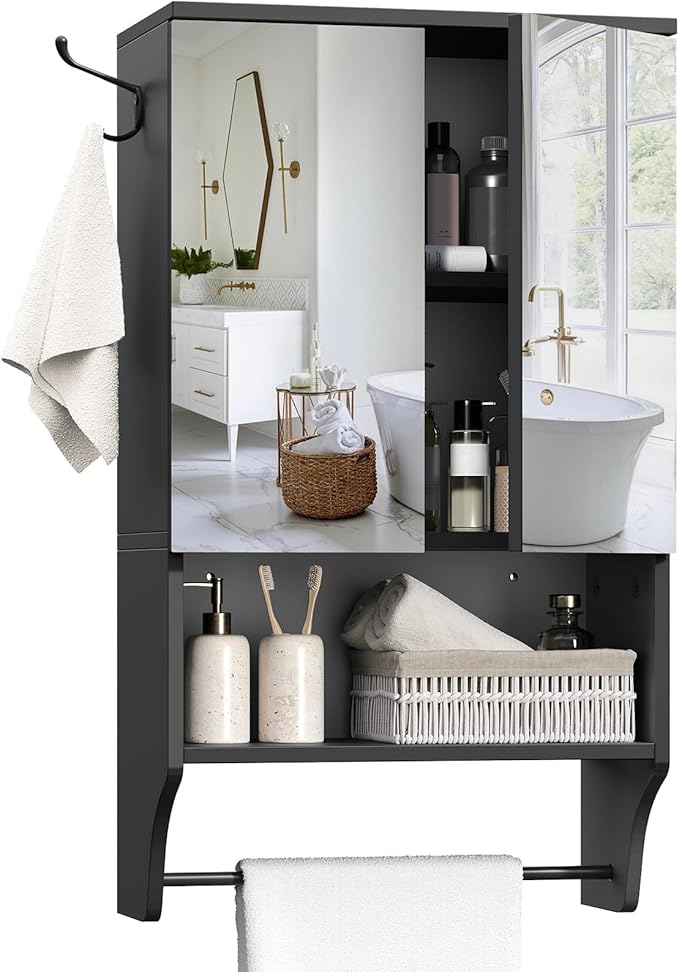 Bathroom Wall Cabinet with Mirror, Medicine Cabinet with 2 Door and Adjustable Shelf, Wall Mounted Over The Toilet Storage Cabinet with Towel Bar for Bathroom Laundry Room Kitchen, Black