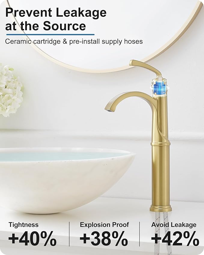 Tall Vessel Sink Faucet, Brass Waterfall Bathroom Sink Faucet Single Handle, Gold Bathroom Faucet 1 Hole, Tall Bathroom Faucets with Pop-Up Drain Water Supply Hoses
