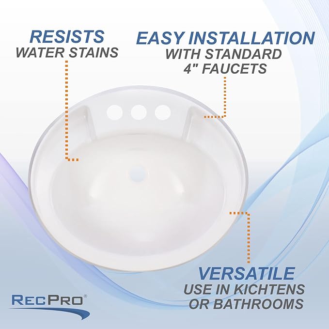 RecPro RV Kitchen Sink with Pull-Out Faucet | Brushed Nickel Single Lever | 3-Hole Installation | Durable Plastic White Oval Basin | Dual Stream & Spray Settings+