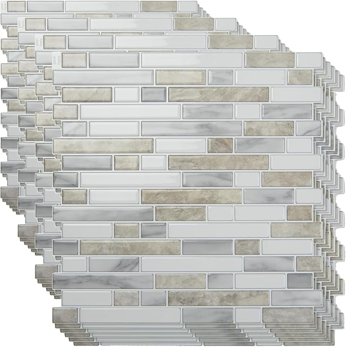 Art3d 10-Sheet Heavy-Duty Peel and Stick Backsplash, Waterproof Wall Tiles Stick on Kitchen Backsplash Living Space, Beige & White (Pack of 4)