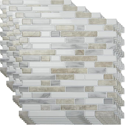 Art3d 10-Sheet Heavy-Duty Peel and Stick Backsplash, Waterproof Wall Tiles Stick on Kitchen Backsplash Living Space, Beige & White (Pack of 4)