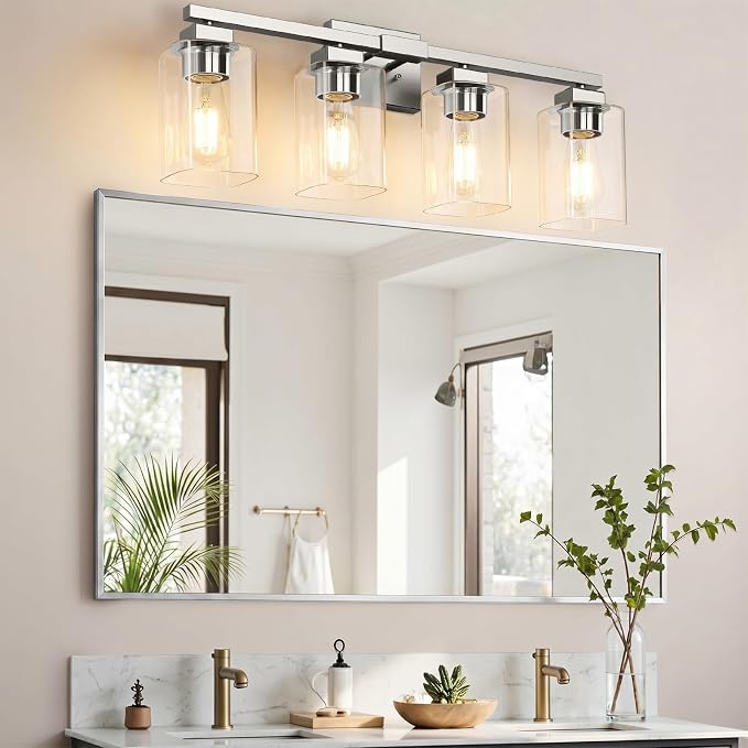 27” Bathroom Light Fixtures,4-Light Vanity Light Brushed Nickel | Square Clear Glass & Durable Metal, Quick & Easy Installation, Standard E26 Socket, Bright Bathroom Lighting